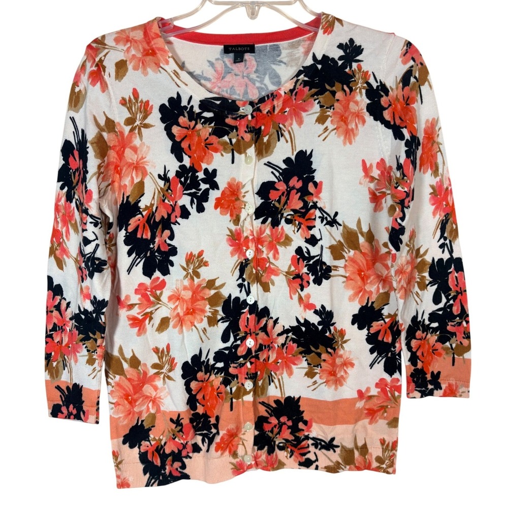 Talbots Womens Floral Print Cardigan Sweater Coral Black‎ White Size S